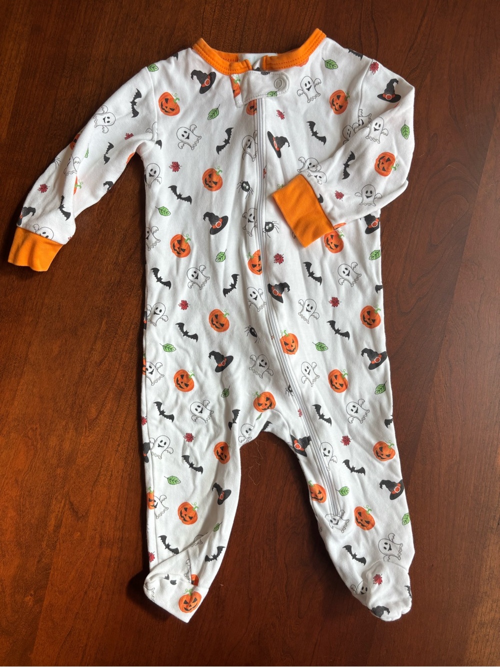 Baby Halloween Footed One-Piece Sleeper - White with Orange Trim